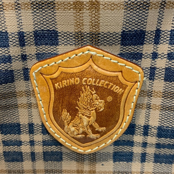 Kirino Collection plaid tan and navy leather bag roomy with inside pocket - Picture 9 of 16